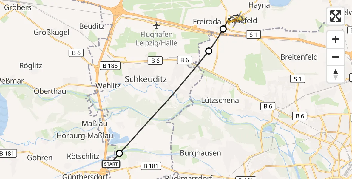 Flugroute Rettungshubschrauber ADAC Air Rescue Station Leipzig/Schkeuditz-Dölzig Hubschrauberlandeplatz (Christoph 61) - Schkeuditz, 26 April 2026, 16:30