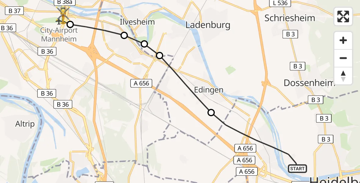 Flugroute Rettungshubschrauber Heidelberg - Mannheim-City Flughafen, 26 April 2026, 16:34