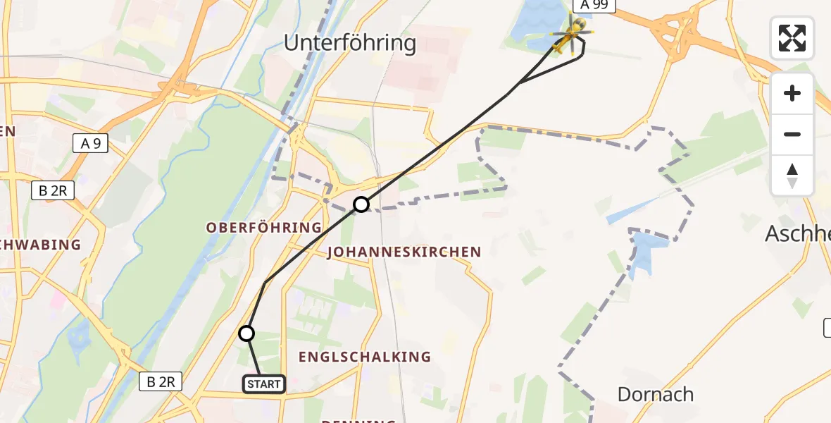 Flugroute Rettungshubschrauber München Bogenhausen Hospital - Unterföhring, 26 April 2026, 16:39