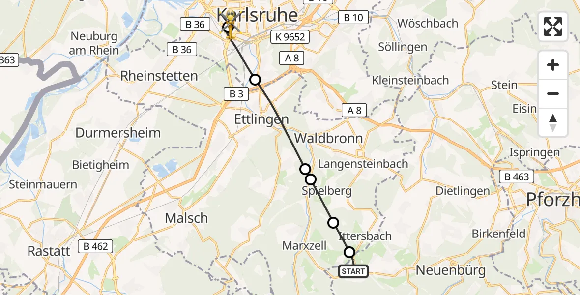 Flugroute Rettungshubschrauber Straubenhardt - Sankt Vincentius Hospital, 26 April 2026, 16:47