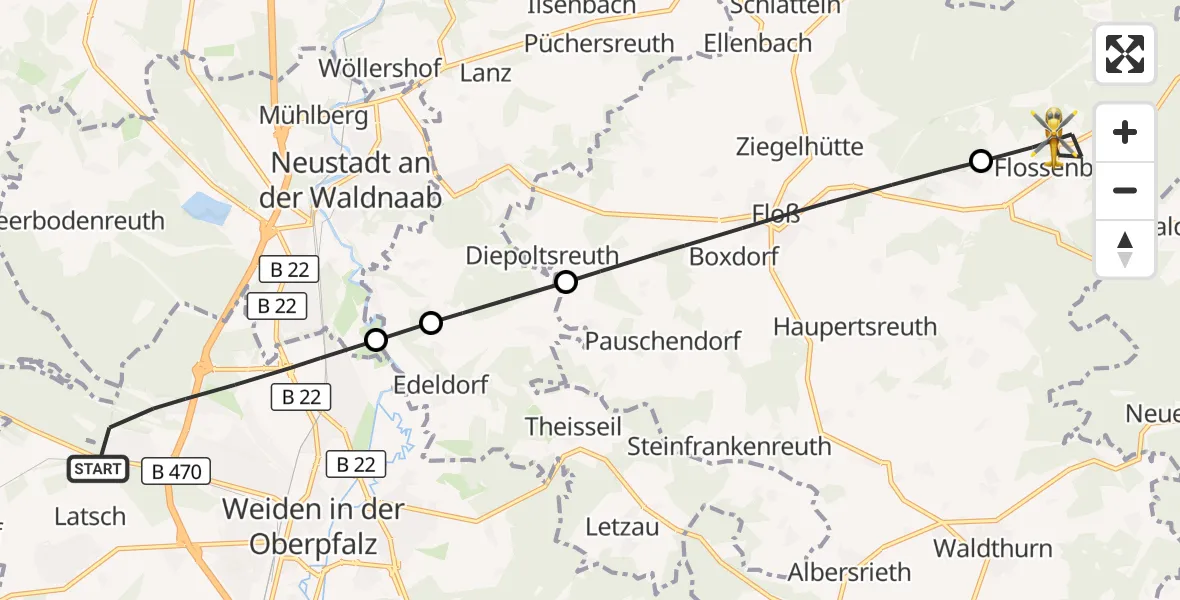 Flugroute Rettungshubschrauber Weiden i.d.OPf. - Flossenbürg, 26 April 2026, 16:52