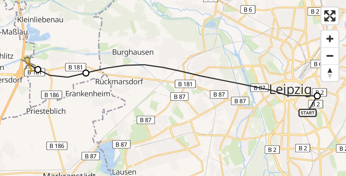 Flugroute Rettungshubschrauber Leipzig University Hospital Heliport 1 - ADAC Air Rescue Station Leipzig/Schkeuditz-Dölzig Hubschrauberlandeplatz (Christoph 61), 26 April 2026, 16:55