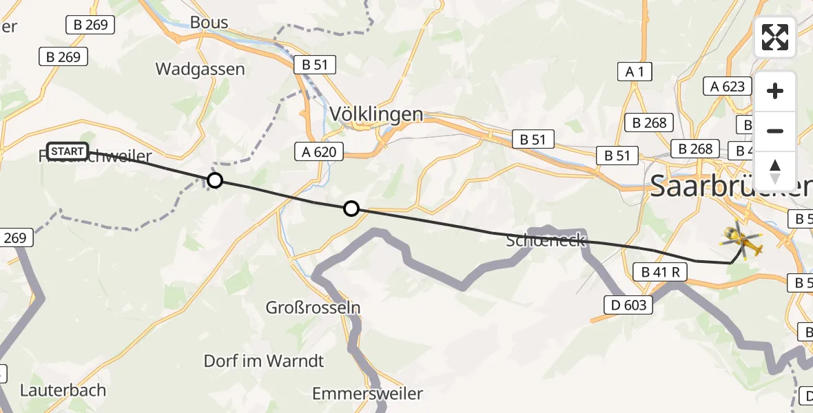 Flugroute Rettungshubschrauber Wadgassen - Saarbrücken, 26 April 2026, 16:55