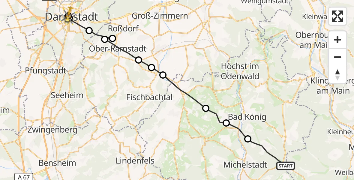 Flugroute Rettungshubschrauber Michelstadt - Darmstadt Hospital, 26 April 2026, 16:55
