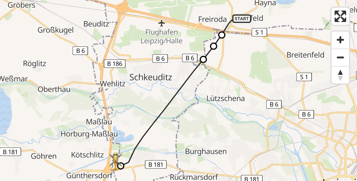 Flugroute Rettungshubschrauber Schkeuditz - ADAC Air Rescue Station Leipzig/Schkeuditz-Dölzig Hubschrauberlandeplatz (Christoph 61), 26 April 2026, 17:05