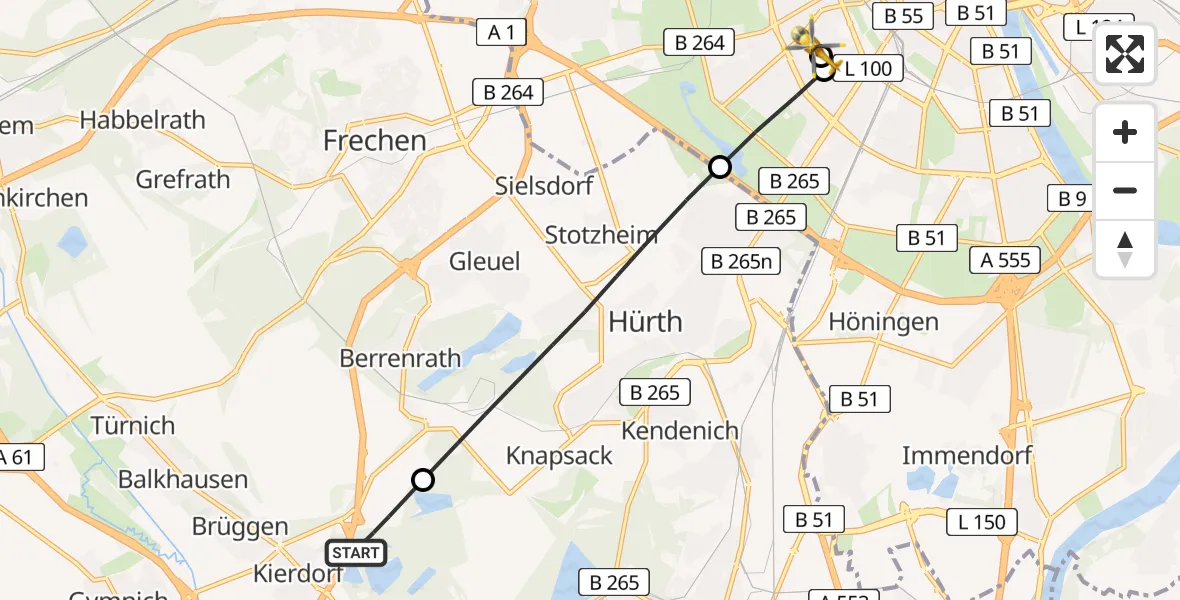 Flugroute Rettungshubschrauber Erftstadt - Köln University Hospital, 26 April 2026, 17:09