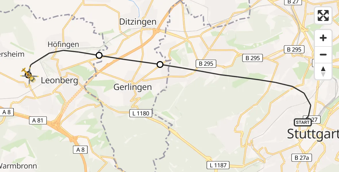 Flugroute Rettungshubschrauber Stuttgart - Leonberg Hospital Hubschrauberlandeplatz, 26 April 2026, 17:09