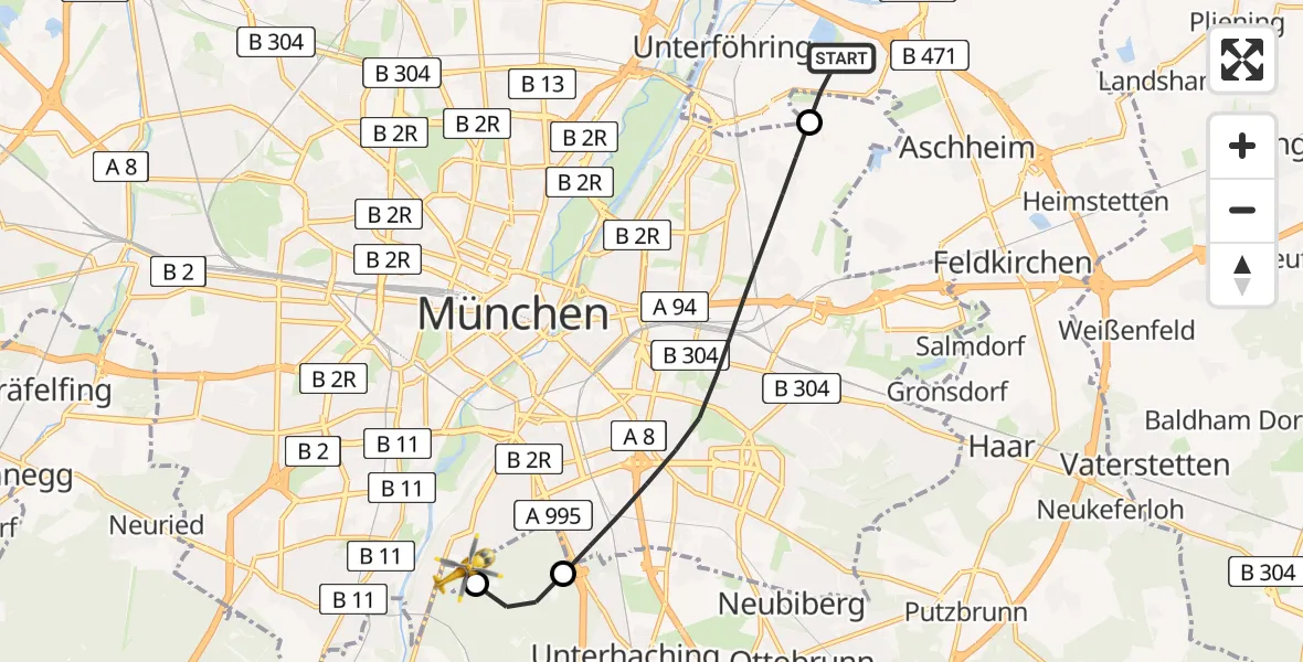 Flugroute Rettungshubschrauber Unterföhring - ADAC Air Rescue Center Hubschrauberlandeplatz (Christoph 1), 26 April 2026, 17:11