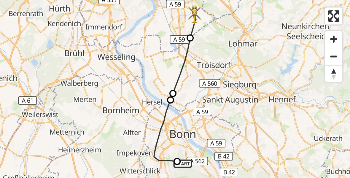 Flugroute Ambulanzhubschrauber Bonn University Hospital - Köln Bonn Flughafen, 26 April 2026, 17:19