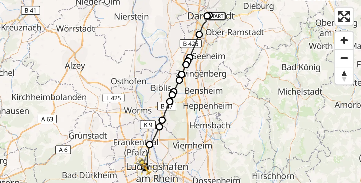 Flugroute Rettungshubschrauber Darmstadt - Ludwigshafen Accident Hospital, 26 April 2026, 17:32