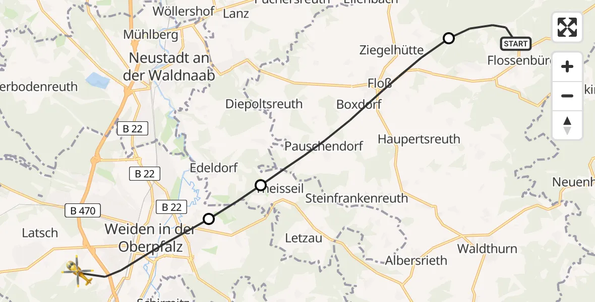Flugroute Rettungshubschrauber Flossenbürg - Weiden i.d.OPf., 26 April 2026, 17:33