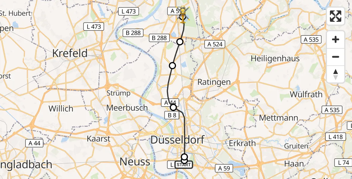 Flugroute Rettungshubschrauber Düsseldorf University Hospital - Duisburg Air Rescue Hubschrauberlandeplatz (Christoph 9), 26 April 2026, 17:38