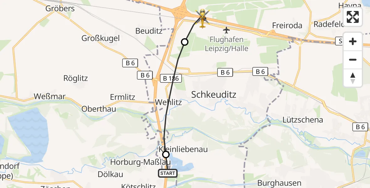 Flugroute Rettungshubschrauber Leuna - Flughafen Leipzig/Halle, 26 April 2026, 17:42
