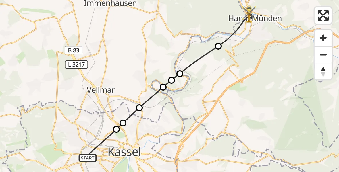 Flugroute Rettungshubschrauber Kassel - Hann.Münden, 26 April 2026, 17:43