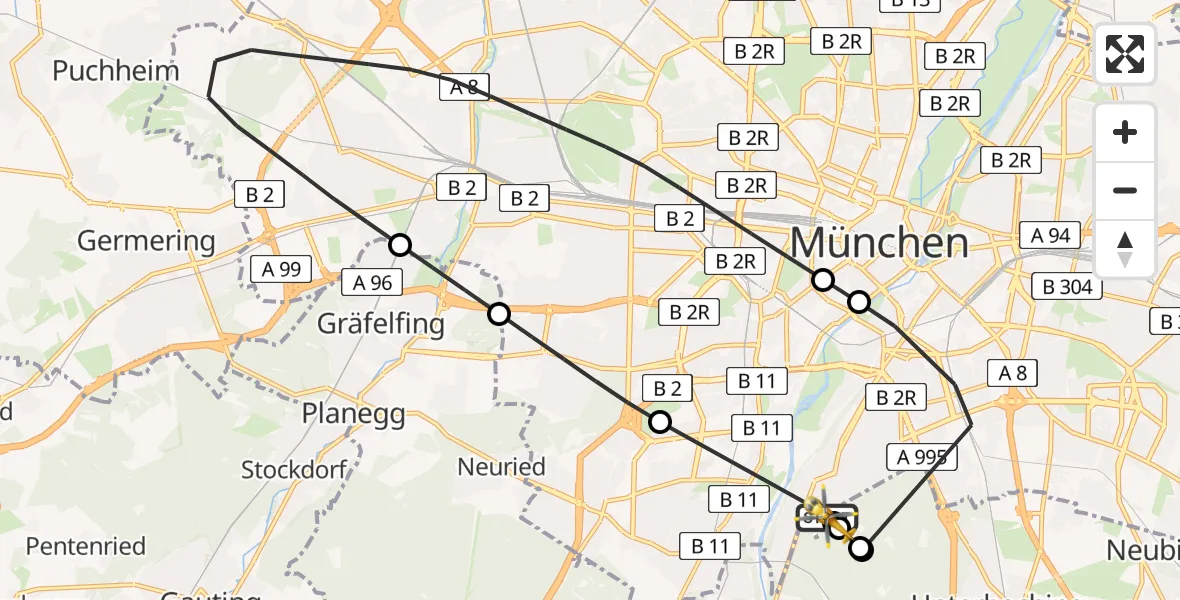 Flugroute Rettungshubschrauber ADAC Air Rescue Center Hubschrauberlandeplatz (Christoph 1) - ADAC Air Rescue Center Hubschrauberlandeplatz (Christoph 1), 26 April 2026, 17:49