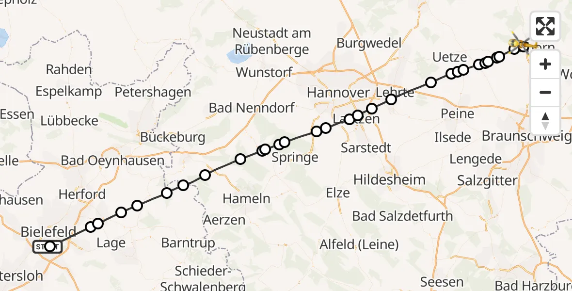 Flugroute Rettungshubschrauber Luftrettungszentrum Bielefeld - Gifhorn Bundespolizei Hubschrauberlandeplatz, 26 April 2026, 17:59