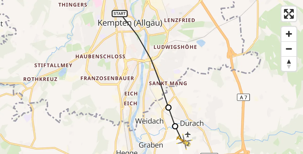 Flugroute Rettungshubschrauber Kempten (Allgäu) - Kempten-Durach Flugplatz, 26 April 2026, 18:04