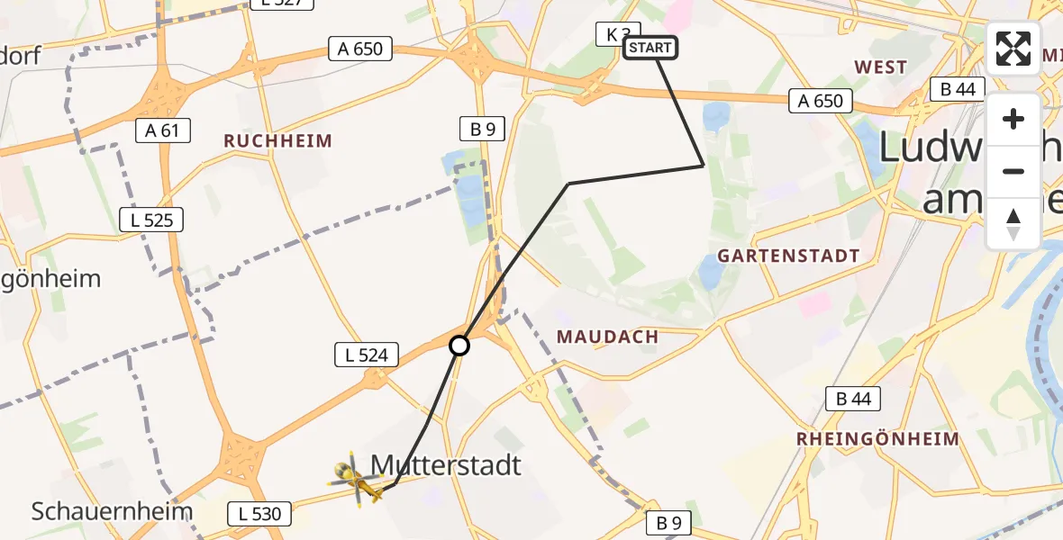 Flugroute Rettungshubschrauber Ludwigshafen am Rhein - Mutterstadt, 26 April 2026, 18:04
