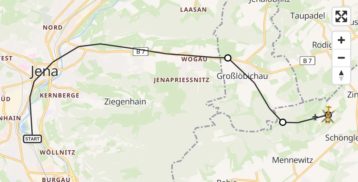 Flugroute Rettungshubschrauber Jena - Jena-Schöngleina Flugplatz, 26 April 2026, 18:14