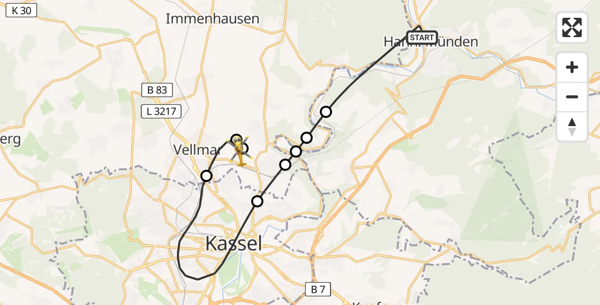 Flugroute Rettungshubschrauber Hann.Münden - Fuldatal Bundespolizei Hubschrauberlandeplatz, 26 April 2026, 18:17