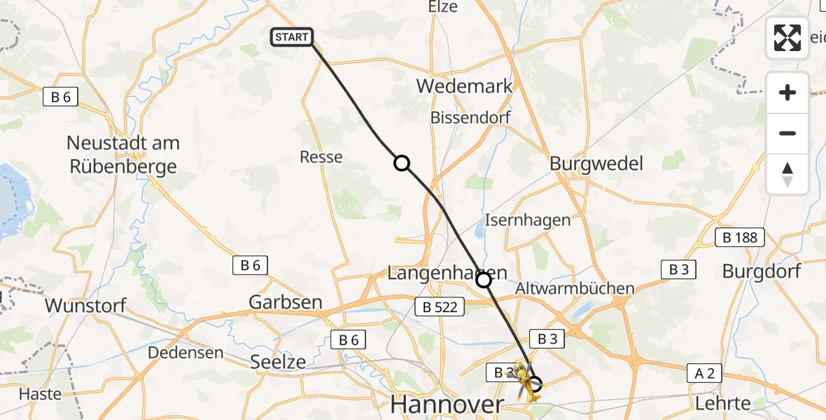 Flugroute Rettungshubschrauber Wedemark - Hannover Luftrettung Hubschrauberlandeplatz (Christoph 4), 26 April 2026, 18:21