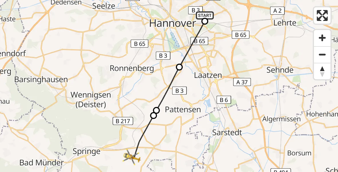 Flugroute Rettungshubschrauber Hannover Luftrettung Hubschrauberlandeplatz (Christoph 4) - Springe, 26 April 2026, 18:31