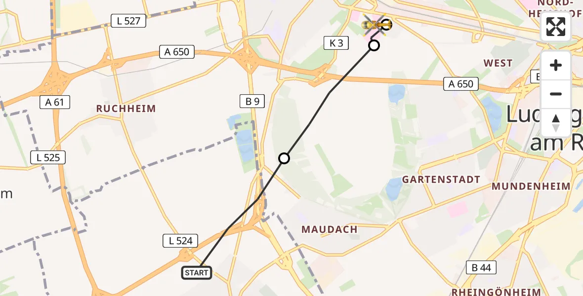 Flugroute Rettungshubschrauber Mutterstadt - Ludwigshafen Accident Hospital, 26 April 2026, 18:33