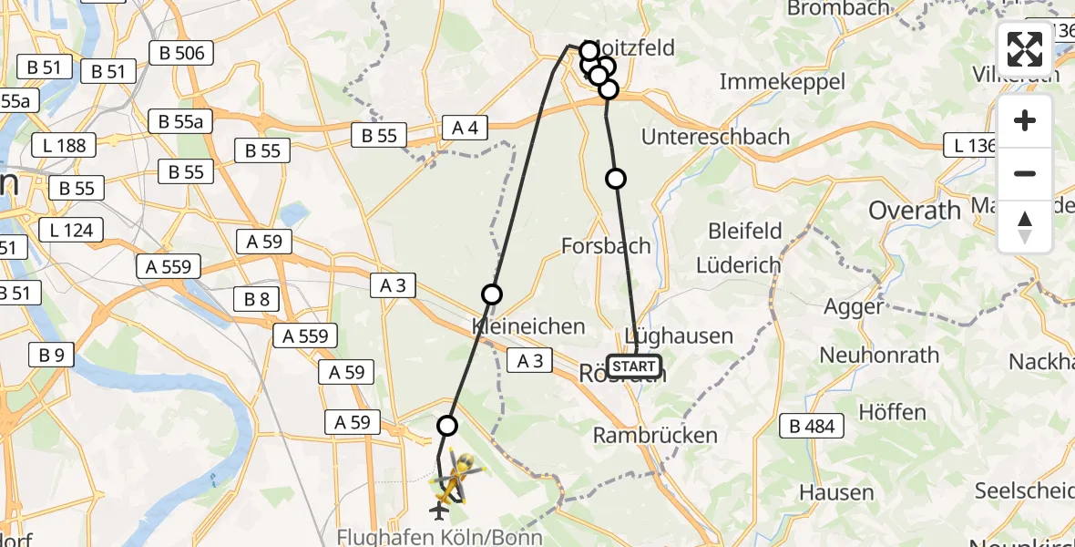 Flugroute Ambulanzhubschrauber Rösrath - Köln Bonn Flughafen, 26 April 2026, 18:40