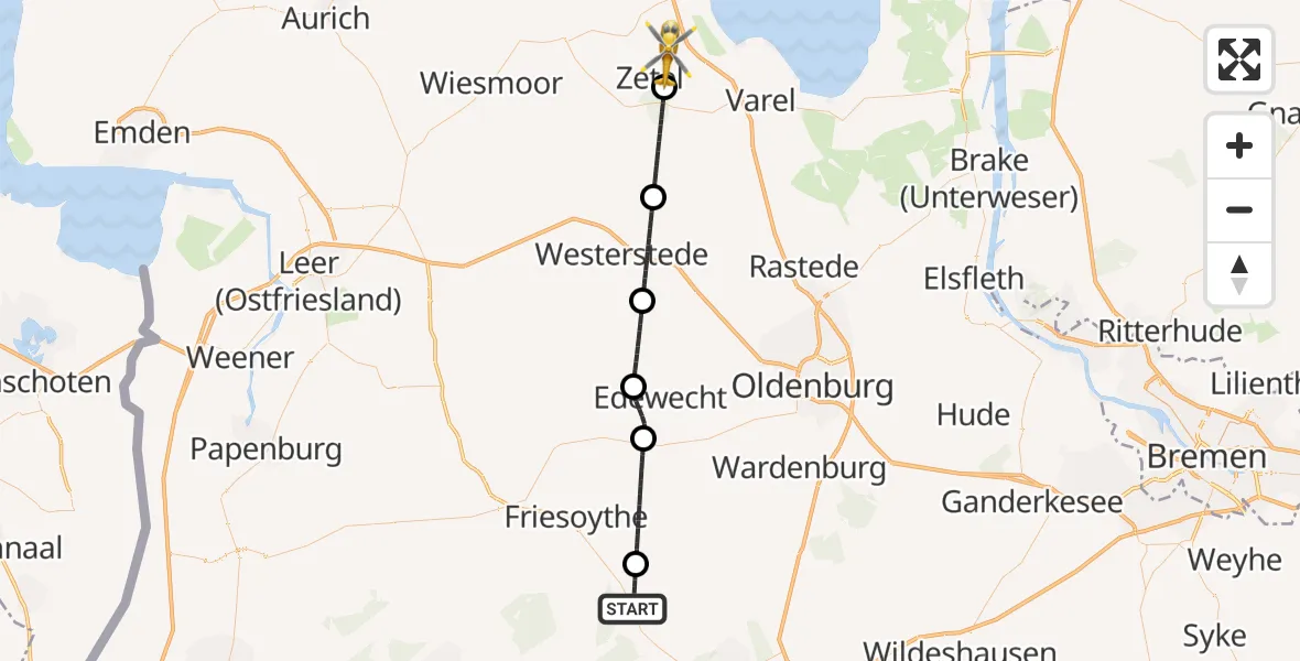 Flugroute Rettungshubschrauber Friesoythe - Zetel, 26 April 2026, 18:43