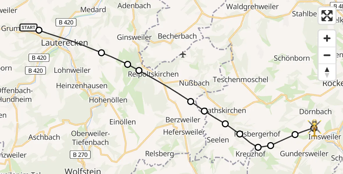 Flugroute Rettungshubschrauber Grumbach - Imsweiler UL, 26 April 2026, 18:45