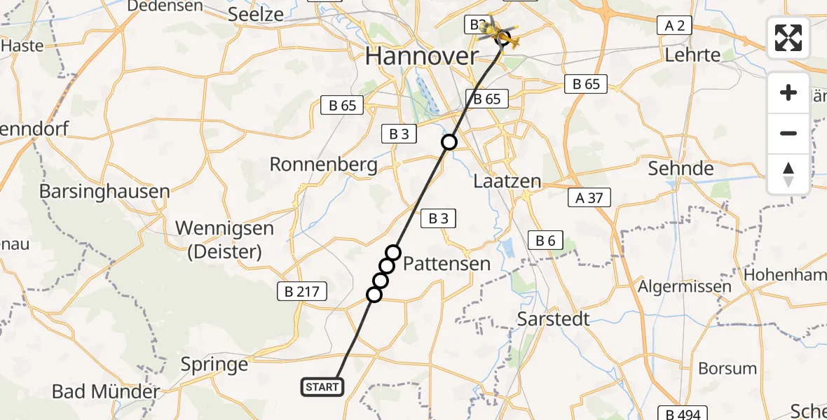 Flugroute Rettungshubschrauber Springe - Hannover Luftrettung Hubschrauberlandeplatz (Christoph 4), 26 April 2026, 19:09