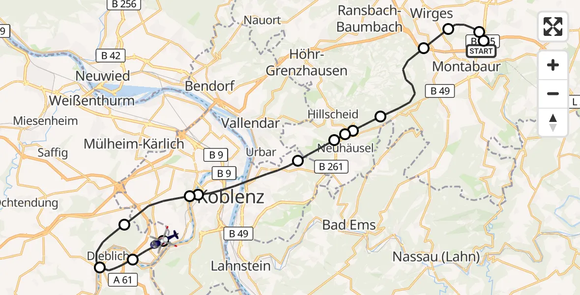 Flugroute Polizeihubschrauber Autobahn Police Heiligenroth Hubschrauberlandeplatz - Koblenz-Winningen Flugplatz, 26 April 2026, 20:10