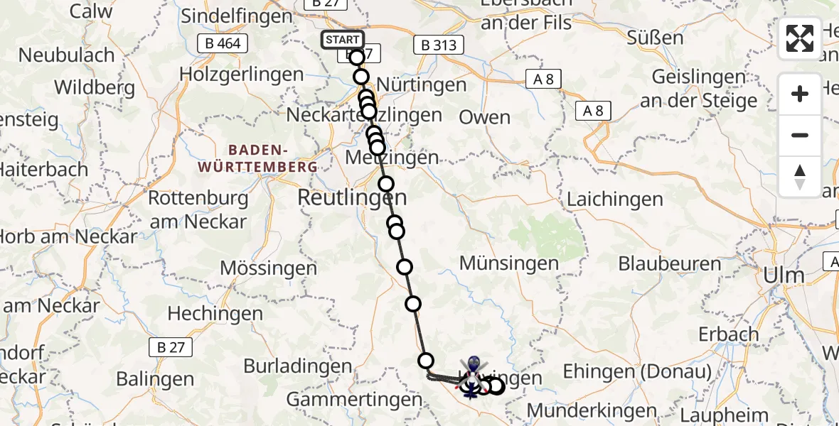 Flugroute Polizeihubschrauber Flughafen Stuttgart - Hayingen, 26 April 2026, 20:10