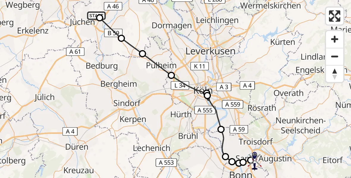 Flugroute Polizeihubschrauber Jüchen - Sankt Augustin, 26 April 2026, 20:11