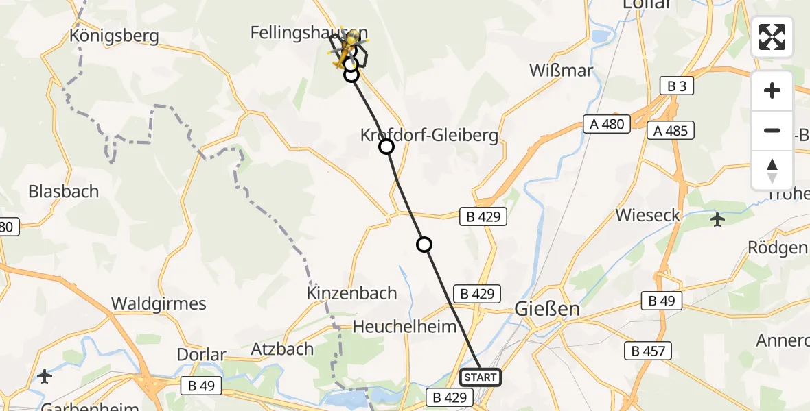 Flugroute Rettungshubschrauber Gießen - Biebertal, 26 April 2026, 20:47