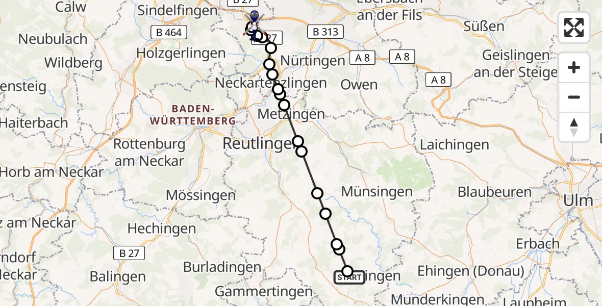 Flugroute Polizeihubschrauber Hayingen - Flughafen Stuttgart, 26 April 2026, 21:20