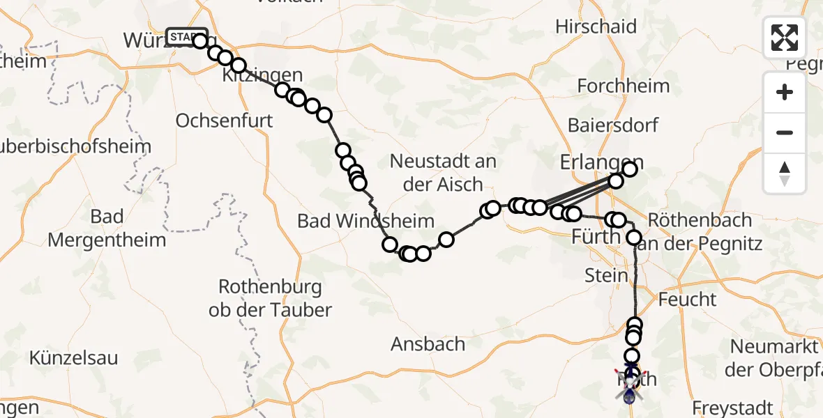 Flugroute Polizeihubschrauber Würzburg - Roth, 26 April 2026, 21:31