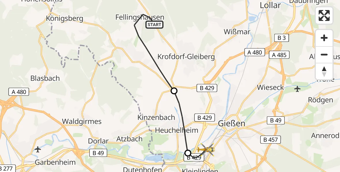Flugroute Rettungshubschrauber Biebertal - Gießen, 26 April 2026, 21:44