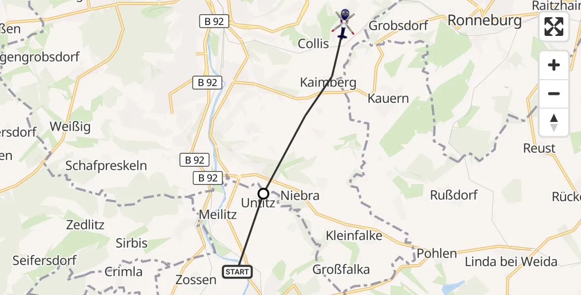 Flugroute Polizeihubschrauber Berga-Wünschendorf - Gera, 26 April 2026, 21:45