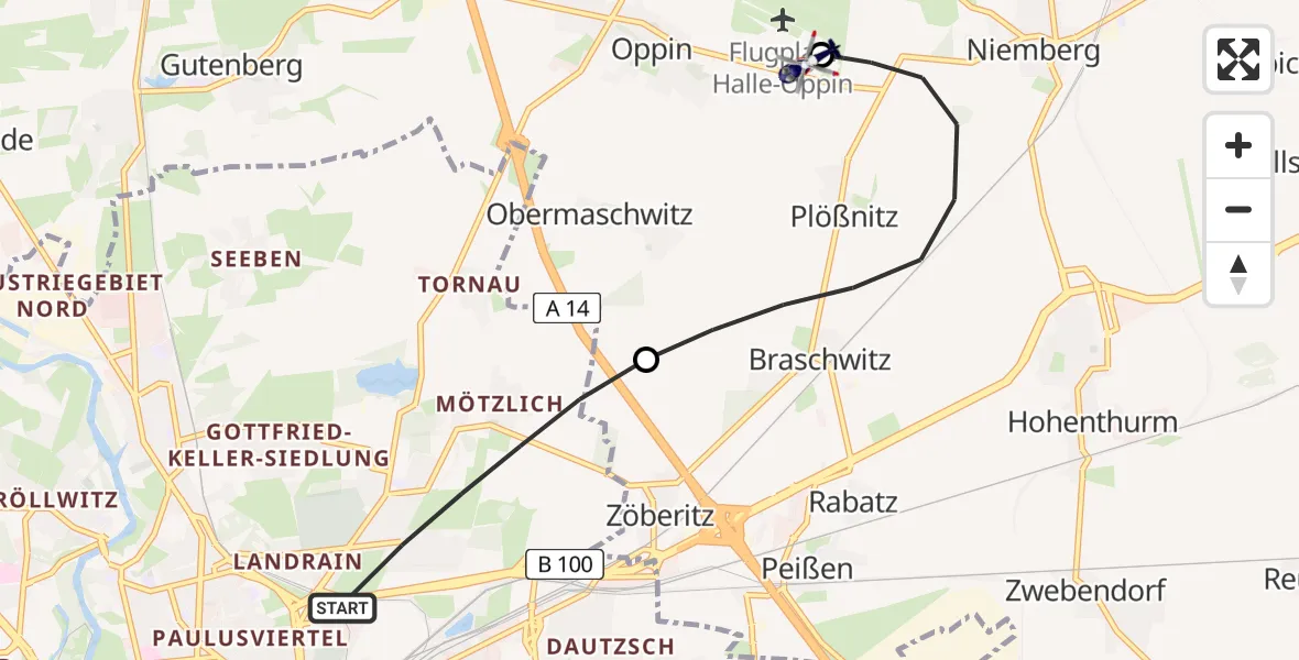 Flugroute Polizeihubschrauber Halle (Saale) - Halle-Oppin Flugplatz, 26 April 2026, 22:00