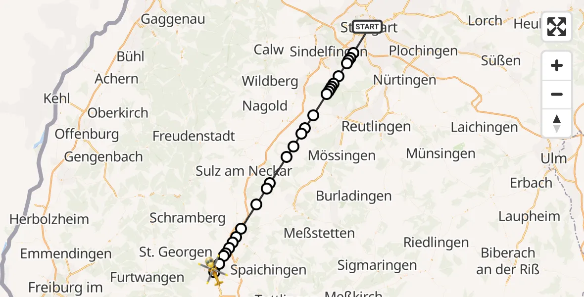 Flugroute Rettungshubschrauber Stuttgart - DRF Air Rescue Station Villingen-Schwenningen Hubschrauberlandeplatz (Christoph 11), 26 April 2026, 22:17