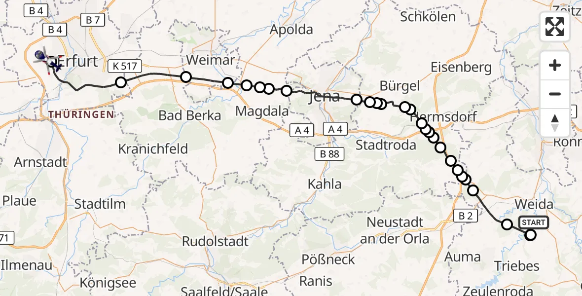 Flugroute Polizeihubschrauber Weida - Erfurt-Weimar Flughafen, 26 April 2026, 22:44