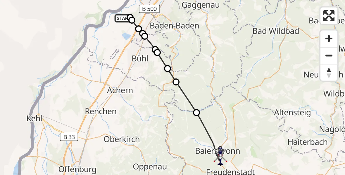 Flugroute Polizeihubschrauber Karlsruhe Baden-Baden Flughafen - Baiersbronn, 26 April 2026, 23:39