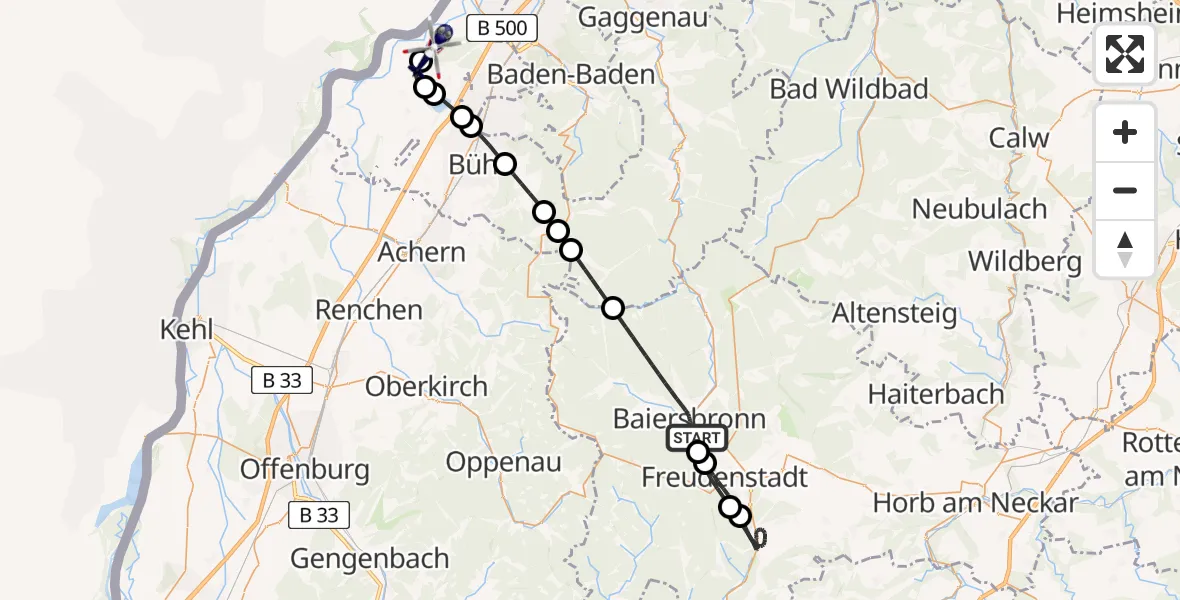 Flugroute Polizeihubschrauber Baiersbronn - Karlsruhe Baden-Baden Flughafen, 27 April 2026, 00:16