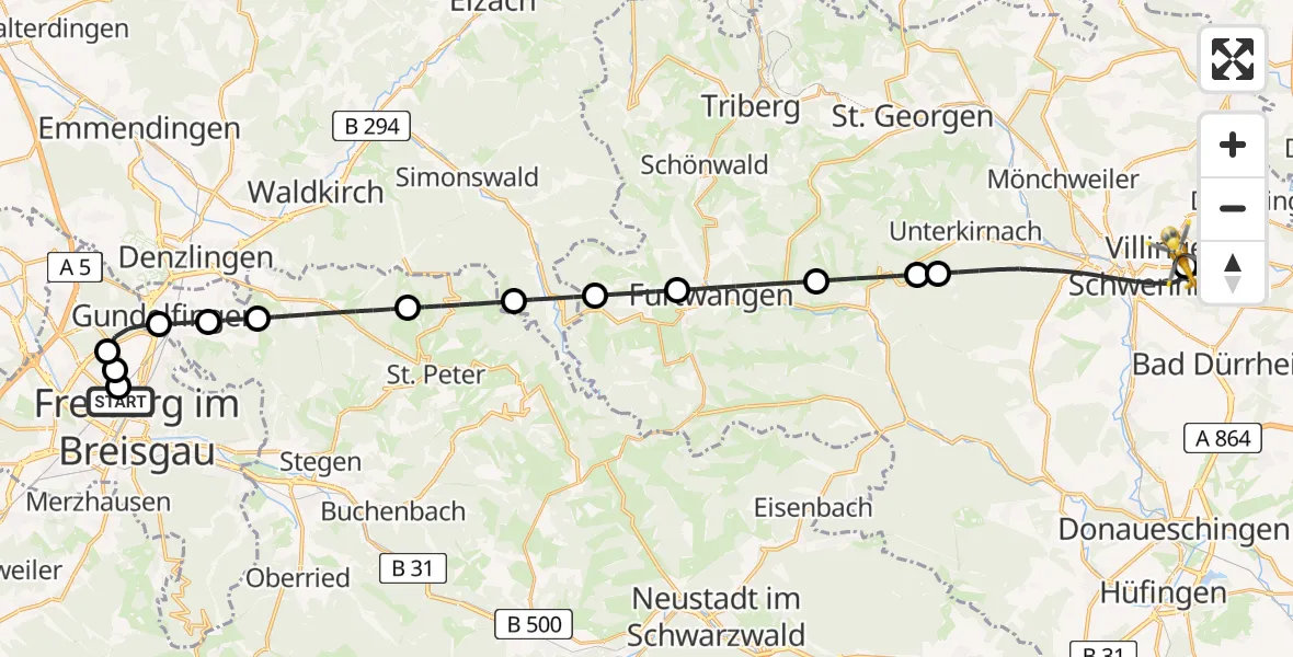 Flugroute Rettungshubschrauber Freiburg University Hospital Heliport 1 - DRF Air Rescue Station Villingen-Schwenningen Hubschrauberlandeplatz (Christoph 11), 27 April 2026, 00:47