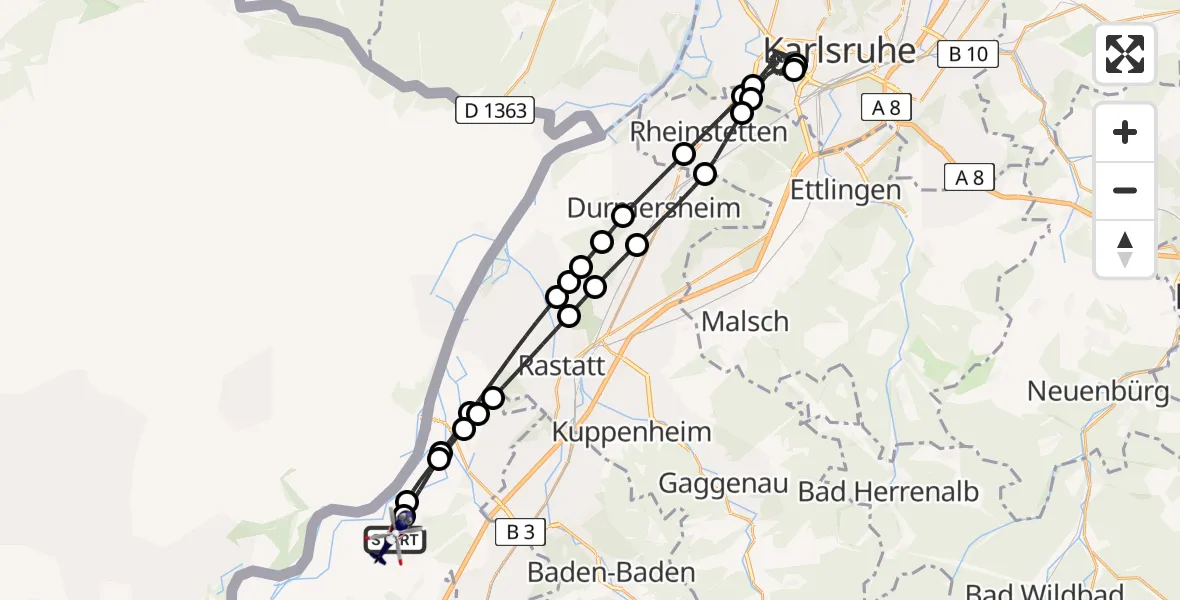 Flugroute Polizeihubschrauber Karlsruhe Baden-Baden Flughafen - Karlsruhe Baden-Baden Flughafen, 27 April 2026, 01:36
