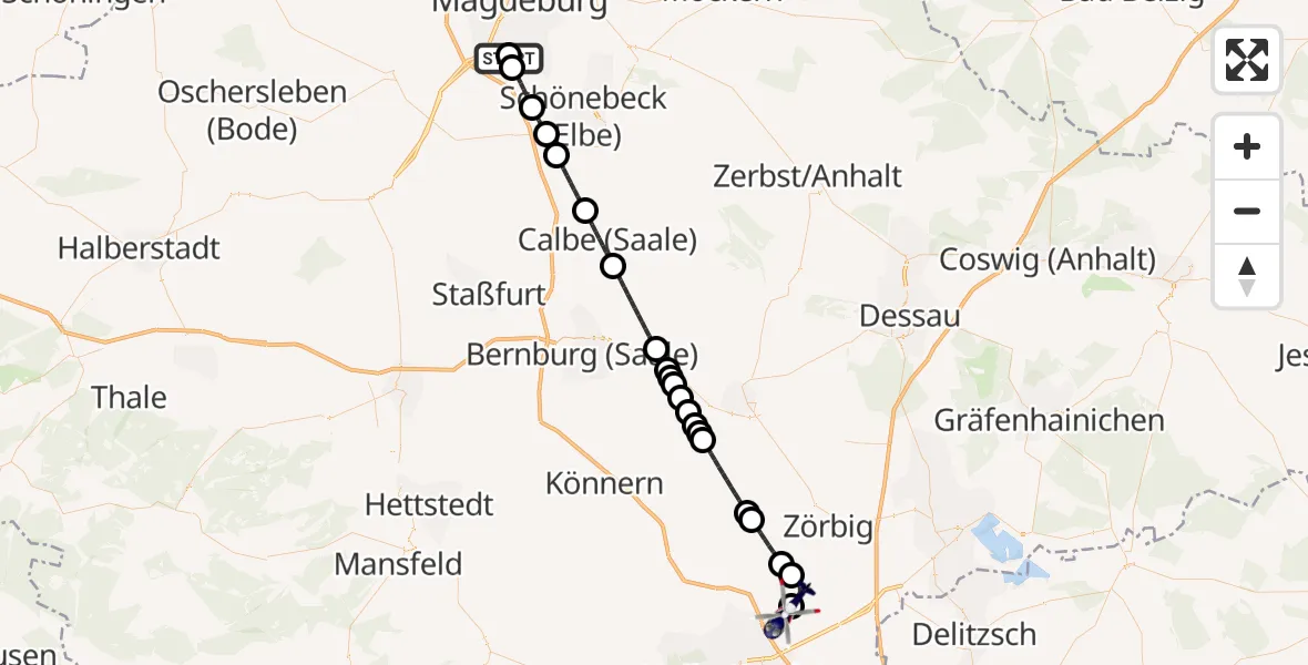 Flugroute Polizeihubschrauber Magdeburg - Halle-Oppin Flugplatz, 27 April 2026, 01:38