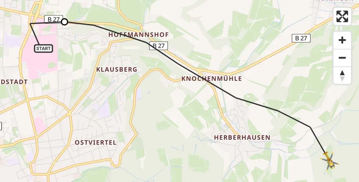 Flugroute Rettungshubschrauber Göttingen University Clinic Hubschrauberlandeplatz - Göttingen, 27 April 2026, 05:28