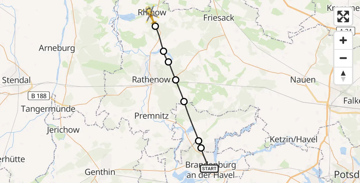 Flugroute Rettungshubschrauber Brandenburg an der Havel - Rhinow, 27 April 2026, 05:32