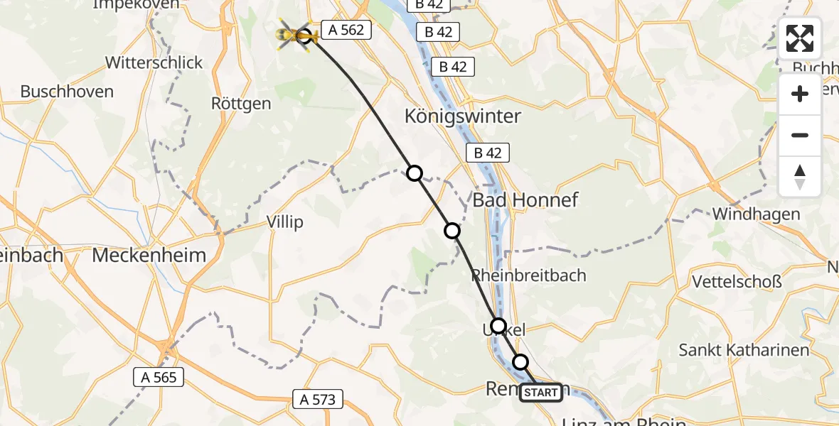 Flugroute Rettungshubschrauber Remagen - Bonn University Hospital, 27 April 2026, 05:33